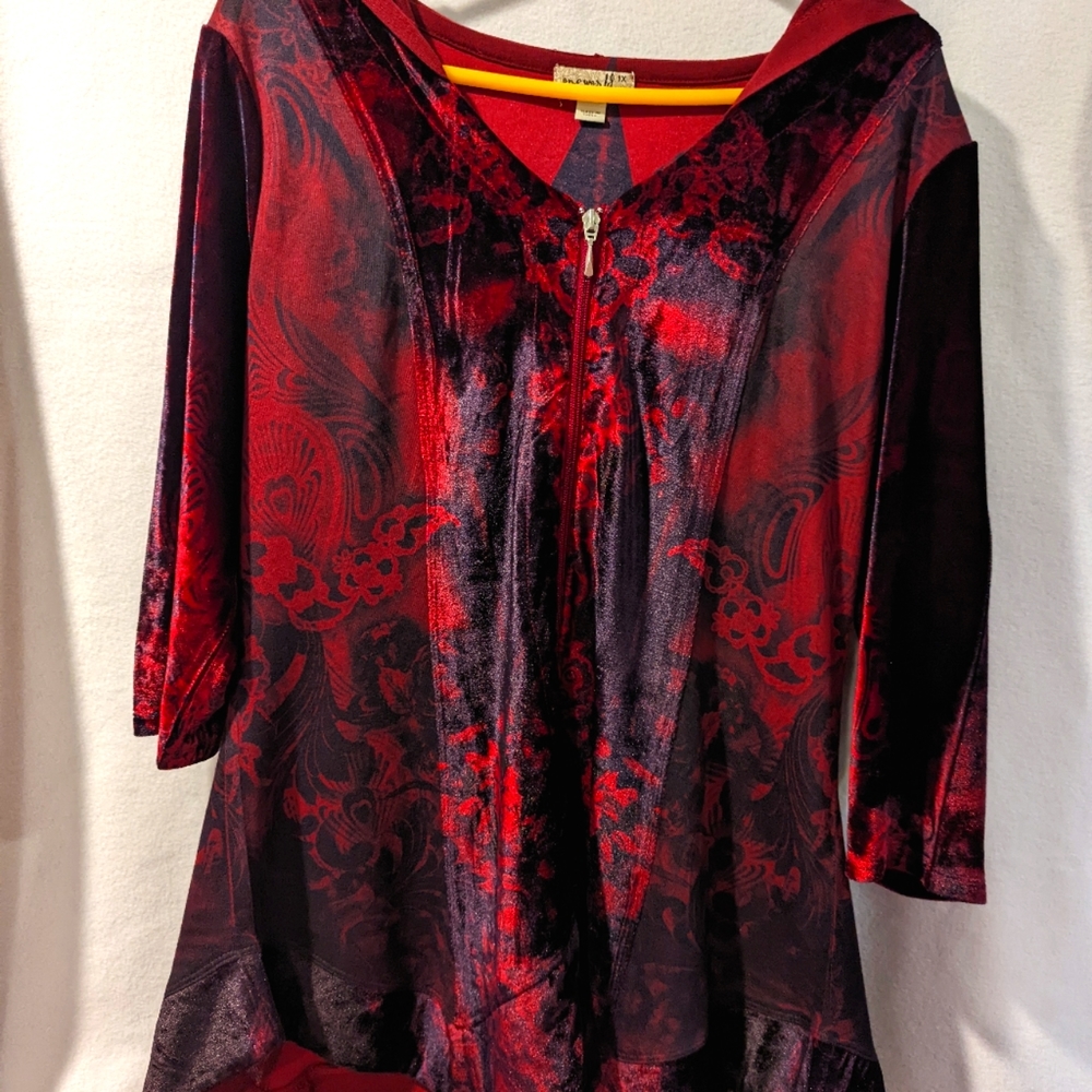 One World zip front hoodie tunic in red and purple velvet.